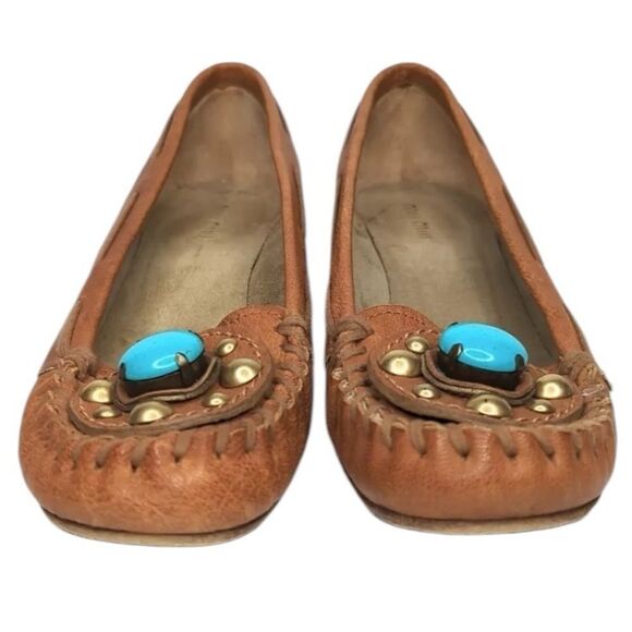 Miu Miu Womens 37 equals 6 1/2 US Brown Loafers Shoes Tan Leather Turquoise Heel - Picture 2 of 7